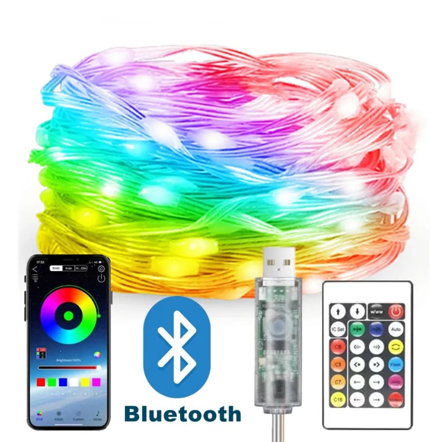 WS2812B Stringa di luce a LED Smart Bluetooth Telecomando RGBIC USB impermeabile Lampada da fata Decorazione domestica per matrimoni fai da te Lampada ghirlanda