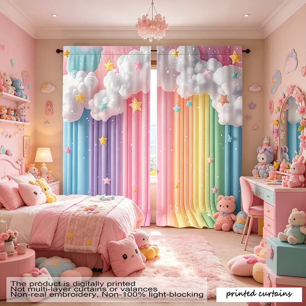 【 2D flat printing 】 2PCS dreamy cloud star pattern curtains, easy to hang through the pole, suitable for decorating curtains in