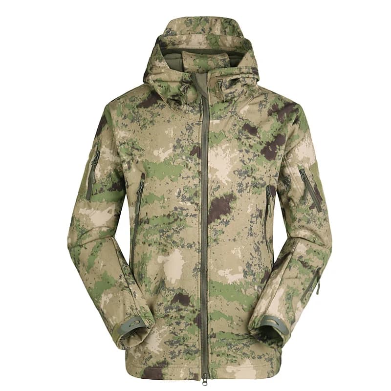 Set mimetico tattico da uomo per avventure all'aria aperta Tom: giacca soft shell in pelle di squalo, impermeabile, antivento, adatta per l'escursionismo