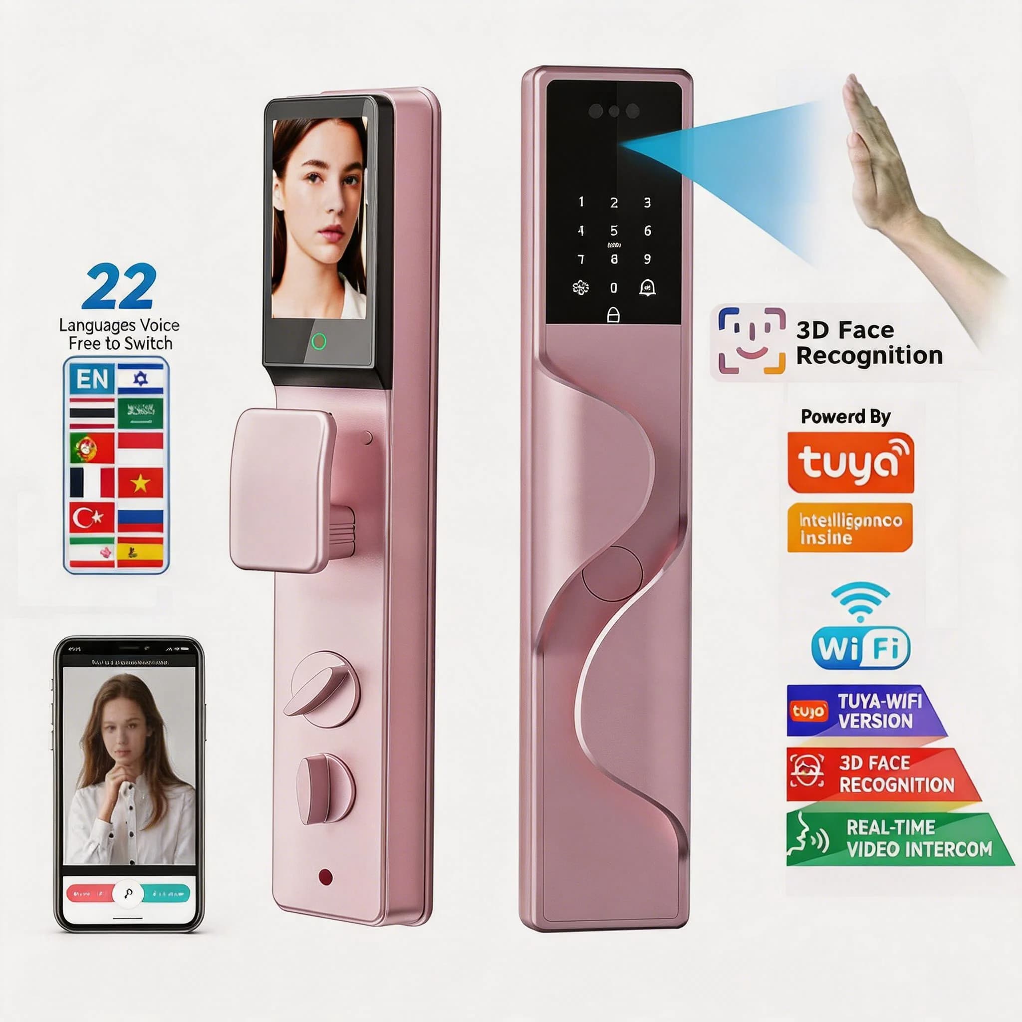 Tuya App Smart Door Lock Digital Automatic 3d Face Recognition Fingerprint Key Password Camera Aluminum Alloy
