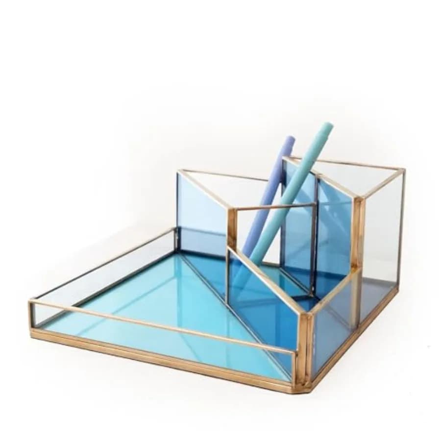 Gold and Blue Glass Desk Organizer - Elegant Office Decoration, Makeup Brushes and Organizer for Skincare Products with 4 Parts