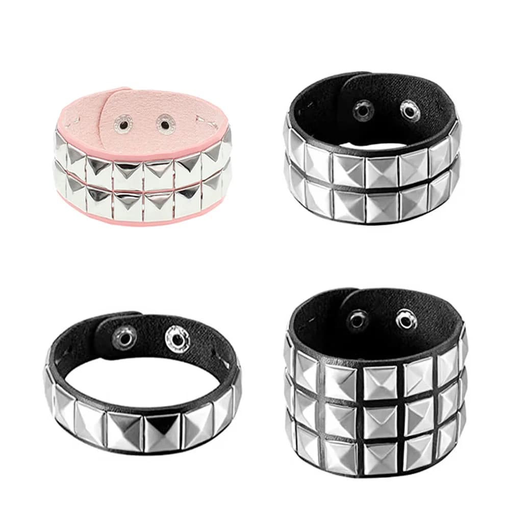 Bracciale Gotico in Pelle Nera con Borchie Quadrate, Braccialetti Punk per Uomo e Donna