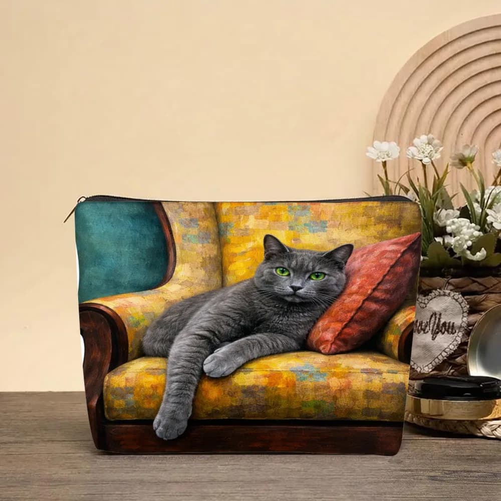Borsa per cosmetici con gatto sul divano e cuscino, per ragazze, astuccio per trucchi, beauty case, astuccio per matite, portaoggetti da viaggio