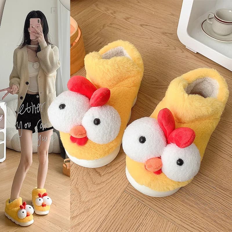 Adorabili scarpe da donna in cotone dagli occhi grandi con stampa di pulcini Nuovo arrivo invernale Abbigliamento per la casa e l'interno Suola spessa Fodera in peluche Pile caldo