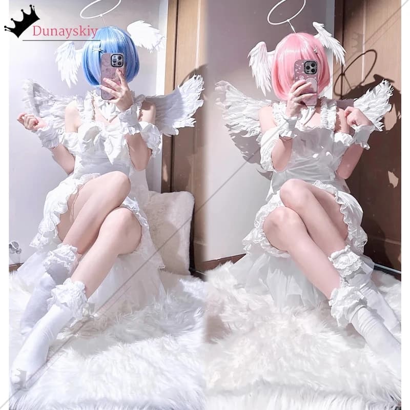 Re Zero Starting Life in Another World Ram Rem Sweet Angel Cosplay Costume Pure White Pajamas Twin Woman Anime Role Play Outfit