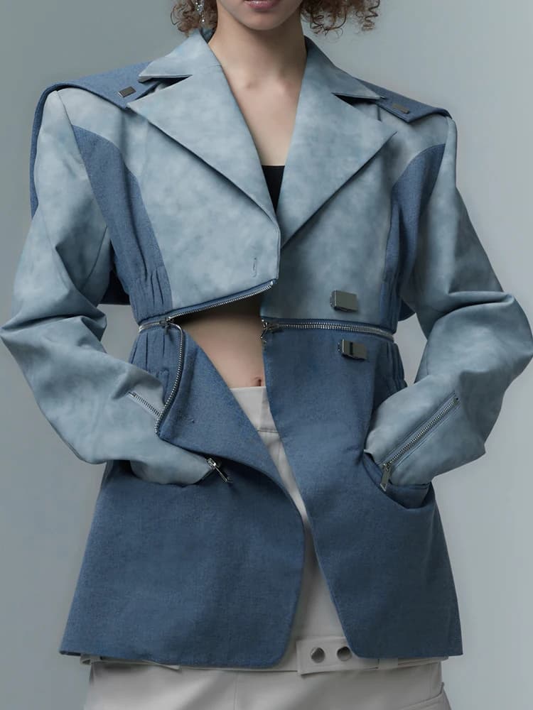 VGH Deconstructed Zipper PU Leather Patchwork Long Sleeve Unisex Commute Style Fashionable Outerwear Jacket Coat