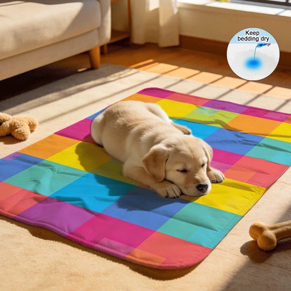 Bright Color Block Grid Reusable Dog Cage Mats Waterproof Washable Protector Pad for Pet Bed