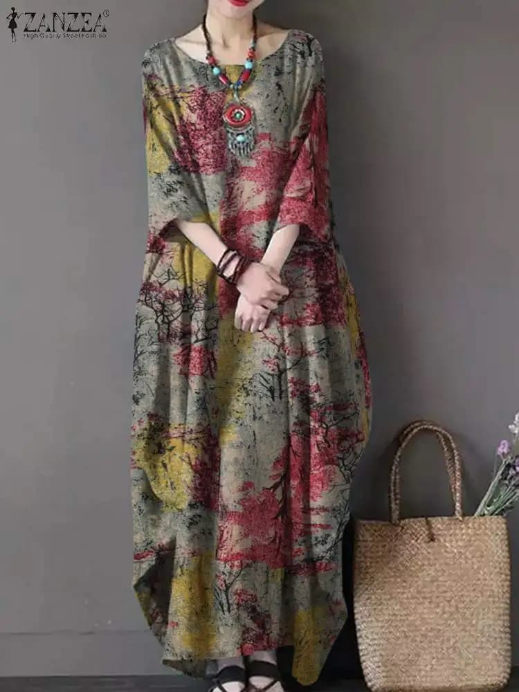 ZANZEA Bohemian Vintage Robe donna Maxi abito lungo elegante floreale stampato prendisole causale abiti larghi in cotone abiti autunnali