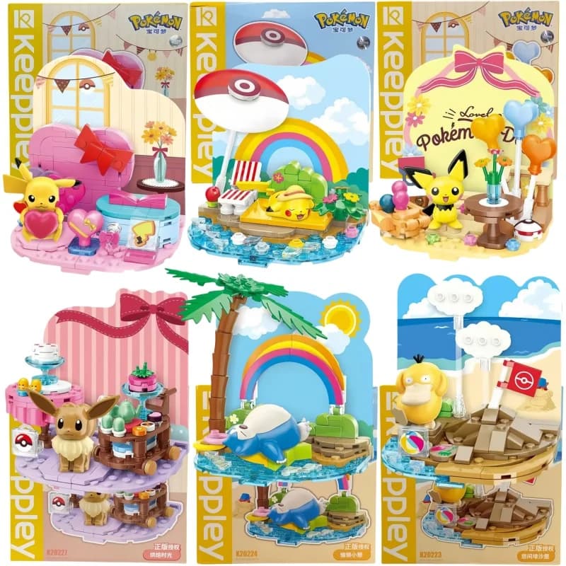 Originale Pokémon Beach Party Tema Building Blocks Giocattoli Pikachu Eevee Snorlax Pichu Figura Assemblare Modello Per Bambini Puzzle Block Giocattoli