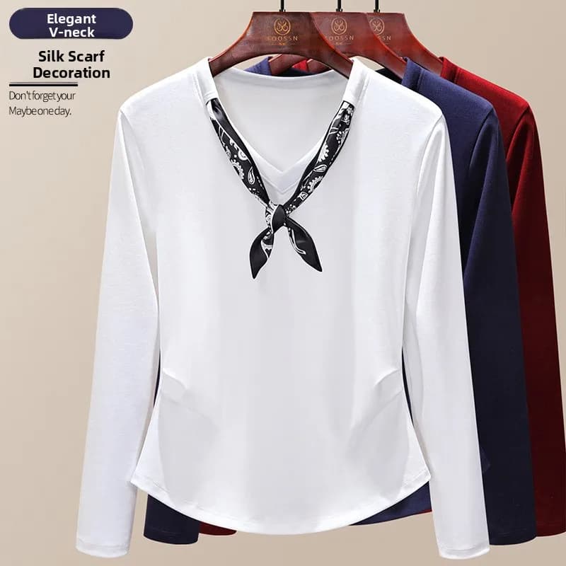 White Women's T-shirt with V-neck and Long Sleeves, Design with Silk Scarf, Fashion Top for Autumn Start, Premium Soossn Clothing for Ladies