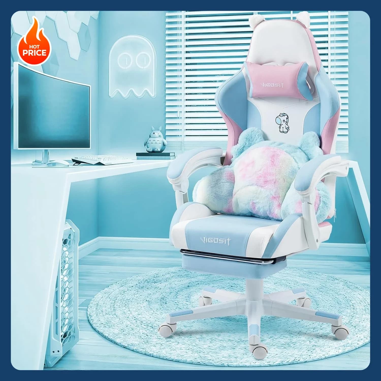 Offerta imperdibile! Sedia da Gaming Carina con Orecchie e Cuscino Kawaii, Sedia Ergonomica da Computer per Ragazze con Supporto Lombare e Poggiapiedi