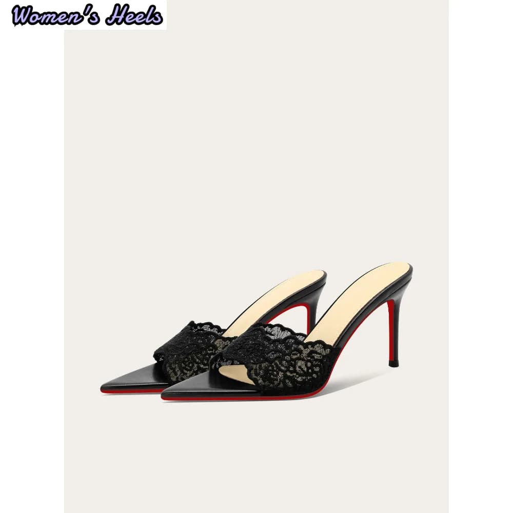 French Style High Heel Sandals Women Summer Sexy Pointed Toe Lace Mesh Slippers