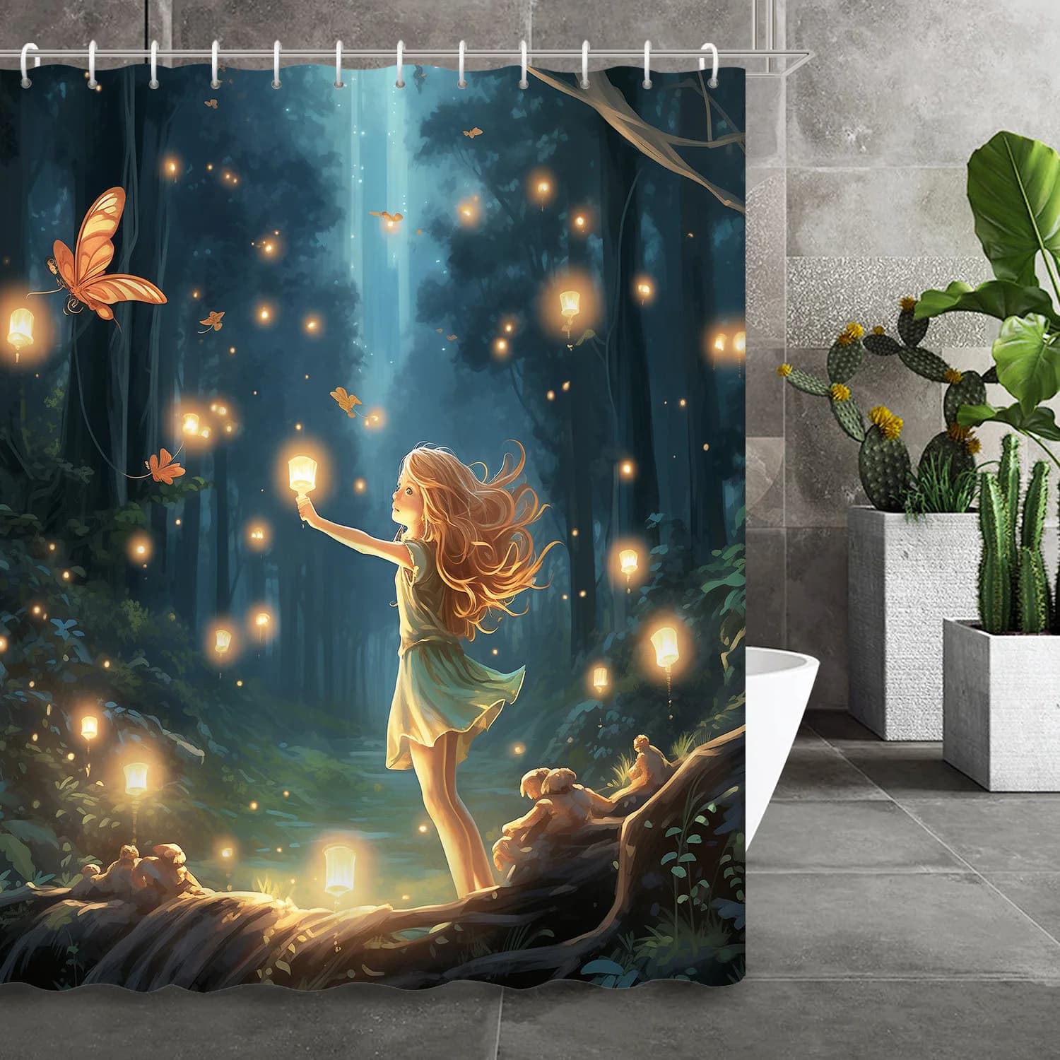 Tenda da doccia con farfalla fluorescente Dream Forest con 12 ganci - Arredamento e accessori per il bagno