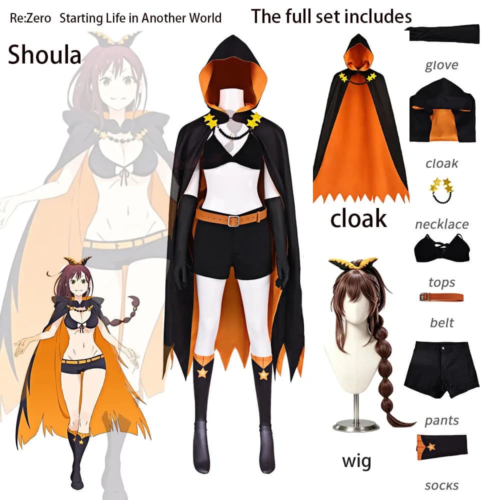 Re:Zero Shaula Cosplay Black Orange Hooded Cloak Crop Top Shorts Gloves Socks Necklace Belt Full Anime Halloween Cosplay Outfit