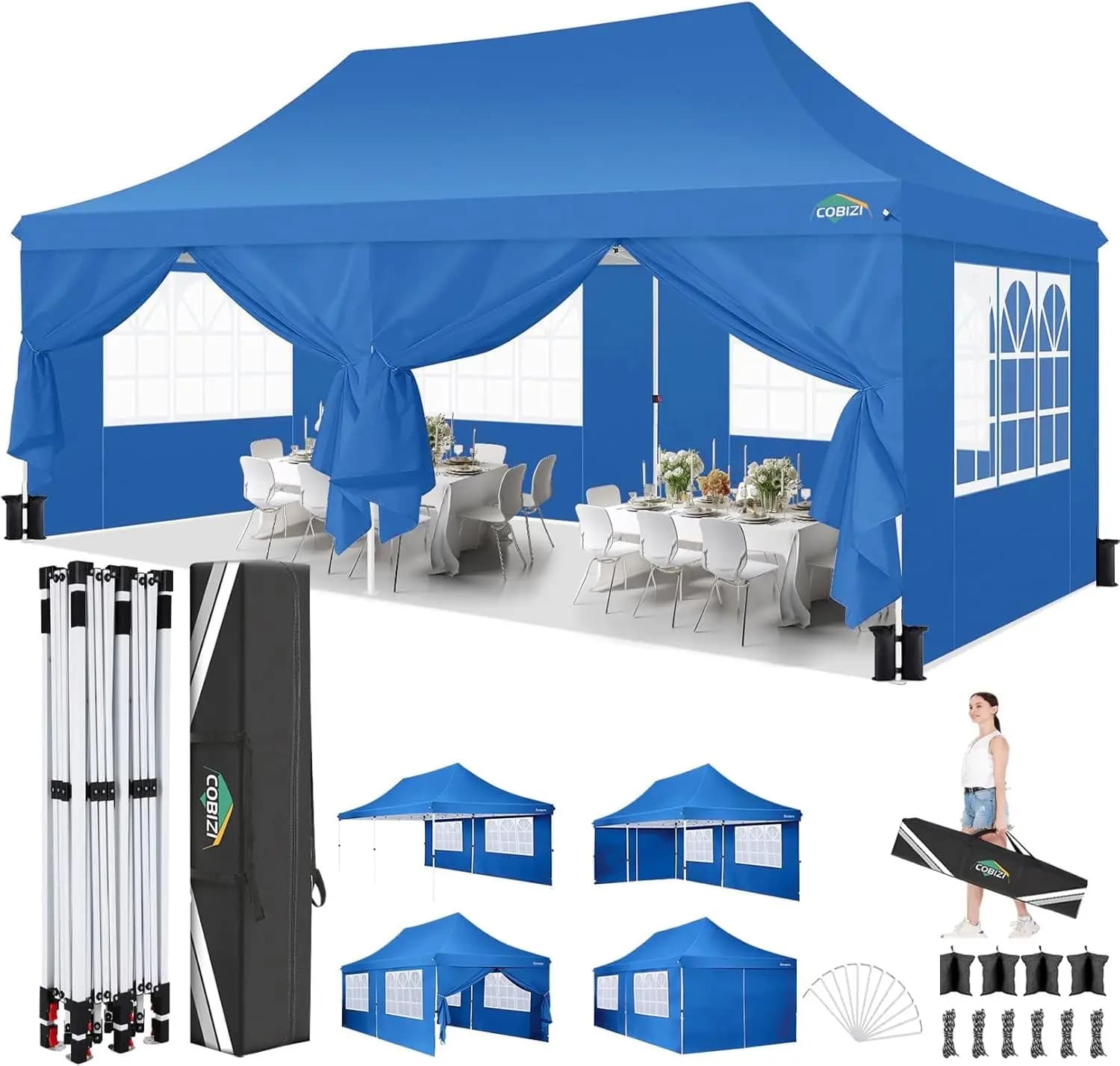 Gazebo Pop-Up 10x20 con 6 Pareti Laterali, Tenda Conica per Feste 10x20 con 3 Altezze Regolabili, Impermeabile, Resistente ai Raggi UV con Borsa per il Trasporto