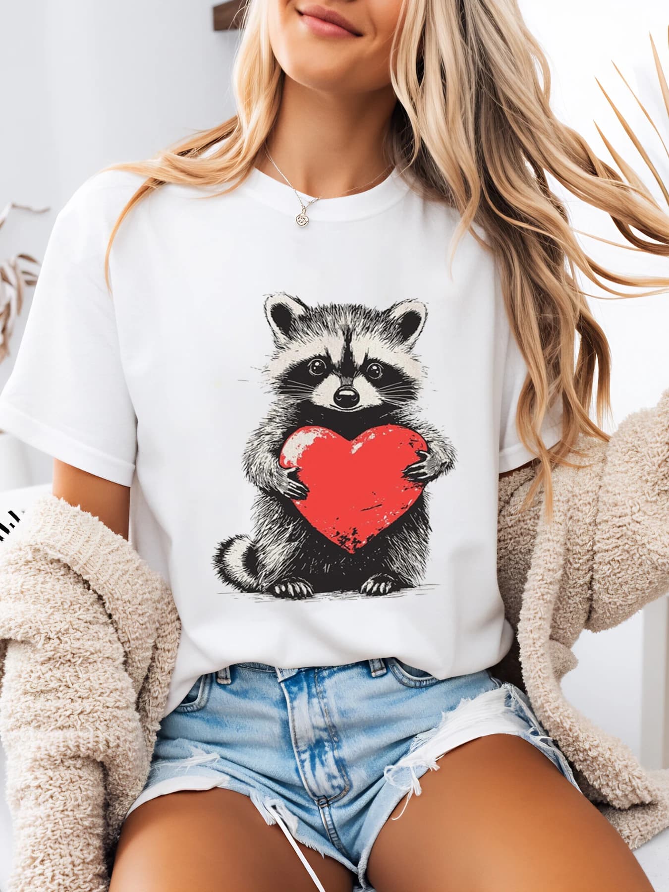 T-shirt con stampa Raccoon Holding Heart per San Valentino, abito casual da donna, bianco taglie forti