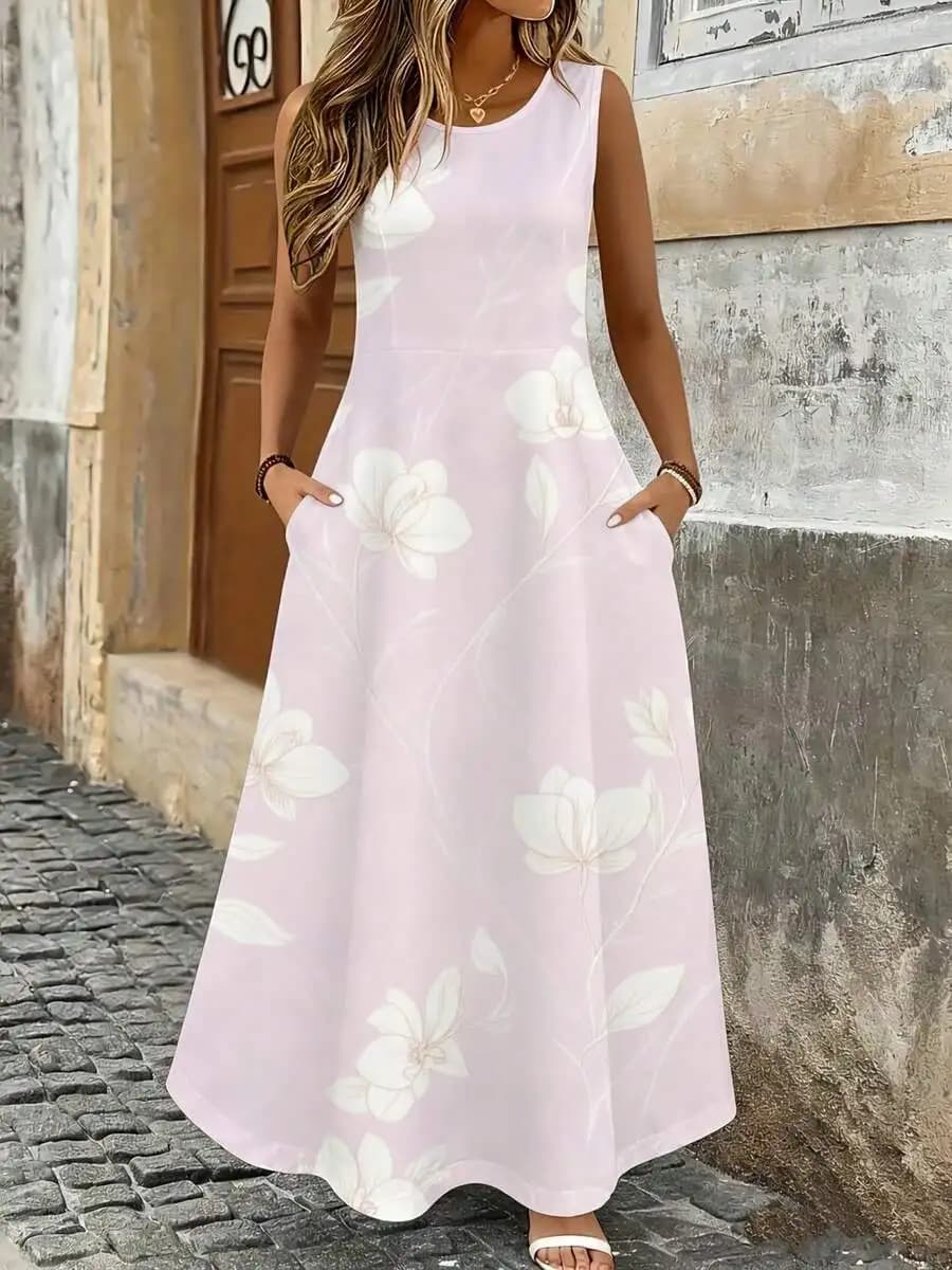 Abito Lungo Senza Maniche con Stampa Floreale Rosa Chiaro e Fiori Bianchi Elegante Casual per Vacanze Estive in Spiaggia