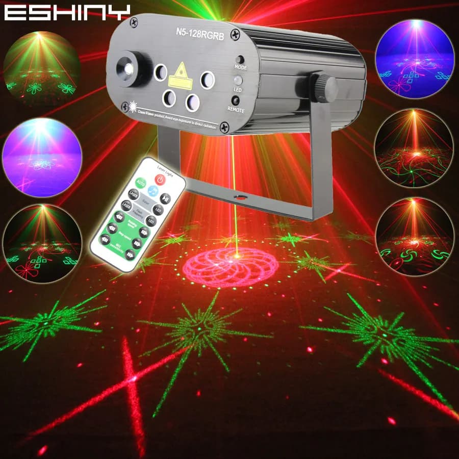 Proiettore Laser a 5 Lenti R&G con 128 Motivi, Luce LED Blu per Feste in Casa, Bar, DJ, Discoteca, Natale, Effetti Scenici N6T154