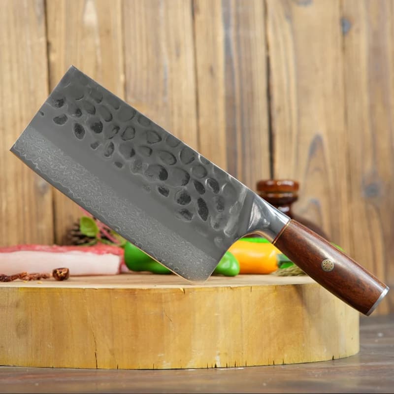 Coltello da Chef Cinese da 7,5 Pollici, Lama in Acciaio Damasco, Manico in Legno, per Affettare Verdure e Carne, Forgiato a Mano, Coltello da Cucina