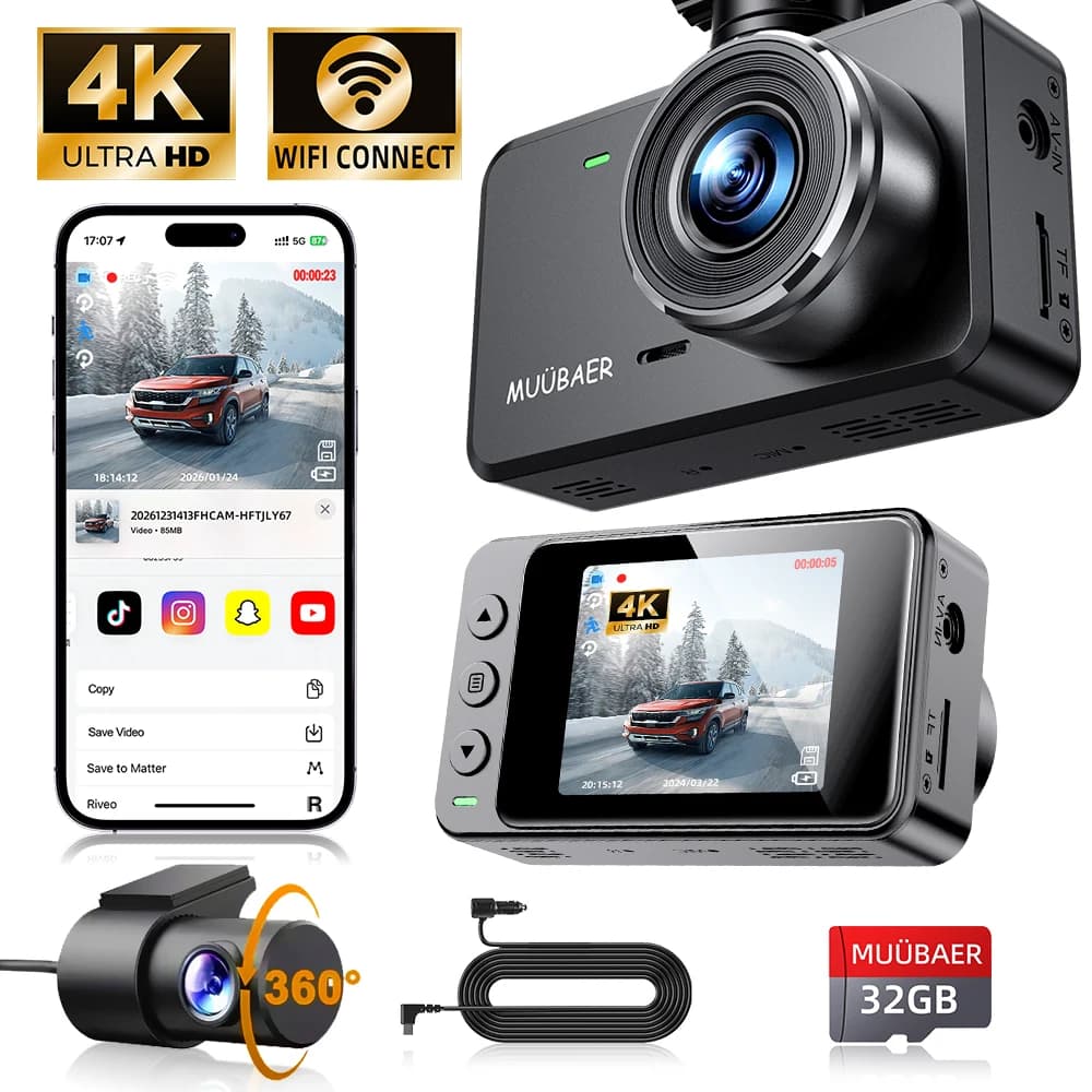Dash Cam Anteriore e Posteriore 4K, Schermo IPS da 2'', WiFi, 360° ° Visione posteriore, visione notturna, registrazione in loop, monitoraggio parcheggio, scheda da 32 GB gratuita