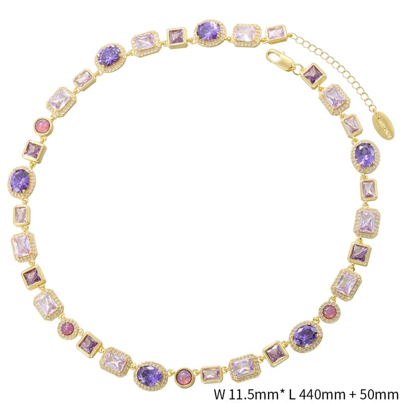 17.32 inch Geometric Zircon Color Gemstone Necklace Gold-Plated Brass Jewelry Hip-Hop Unisex Luxury Chain Gift for Friend:VL837
