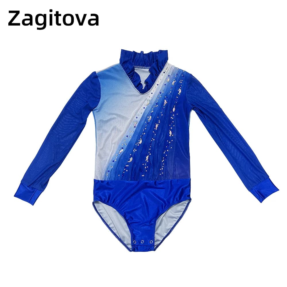 ZAGITOVA Vestito da Pattinaggio di Figura Uomo Ragazzi Pattinaggio su Ghiaccio Vestiti Acrobazia Ginnastica Tuta con Diamanti Blu Sfumato