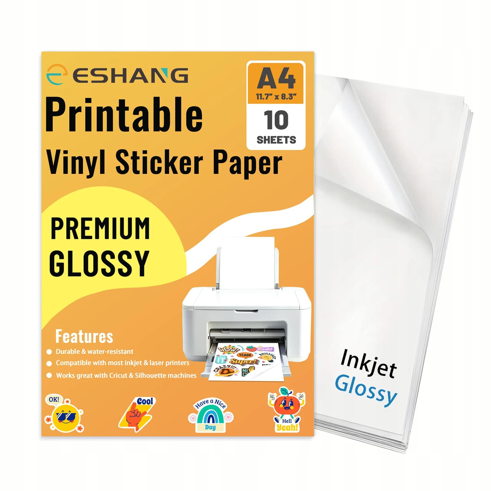 A4 10 Sheets Glossy White Printable Vinyl Sticker Paper for Inkjet Printer Waterproof Decal Paper Self-Adhesive 8.3"x11.7"