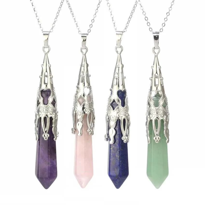 Collana con ciondolo in pietra a pendolo di cristallo per donna uomo catena con ciondolo in pietra a pendolo con prisma esagonale in quarzo rosa ametista naturale