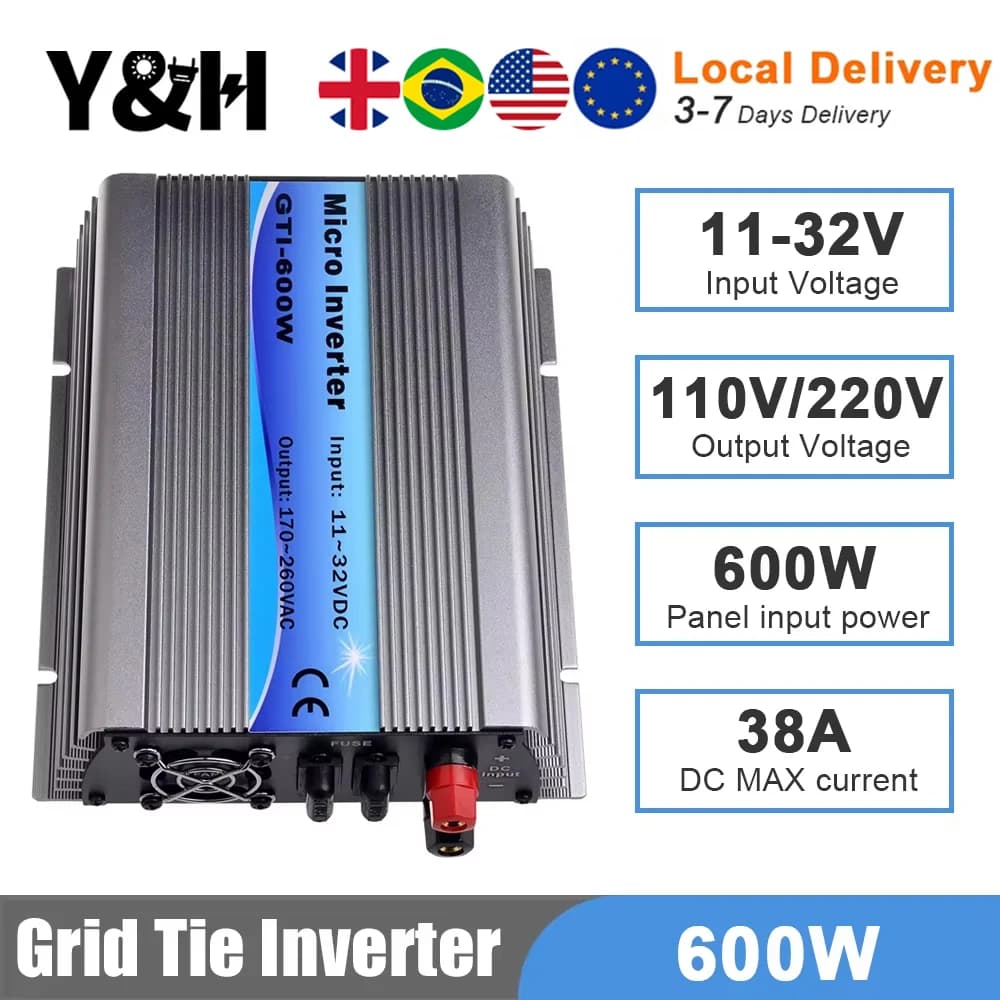 Y&H 600W MPPT Solar Grid Tie Inverter Onda sinusoidale pura, Batteria 24V/DC11-32V Ingresso fotovoltaico Uscita AC120V/220V, Sistema domestico con pannello solare