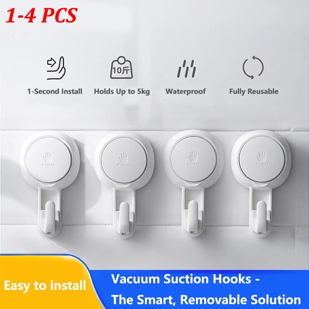 1-4 pieces heavy duty vacuum suction hooks without drill wall support no damage for bathroom kitchen and tile strong sealing organizer