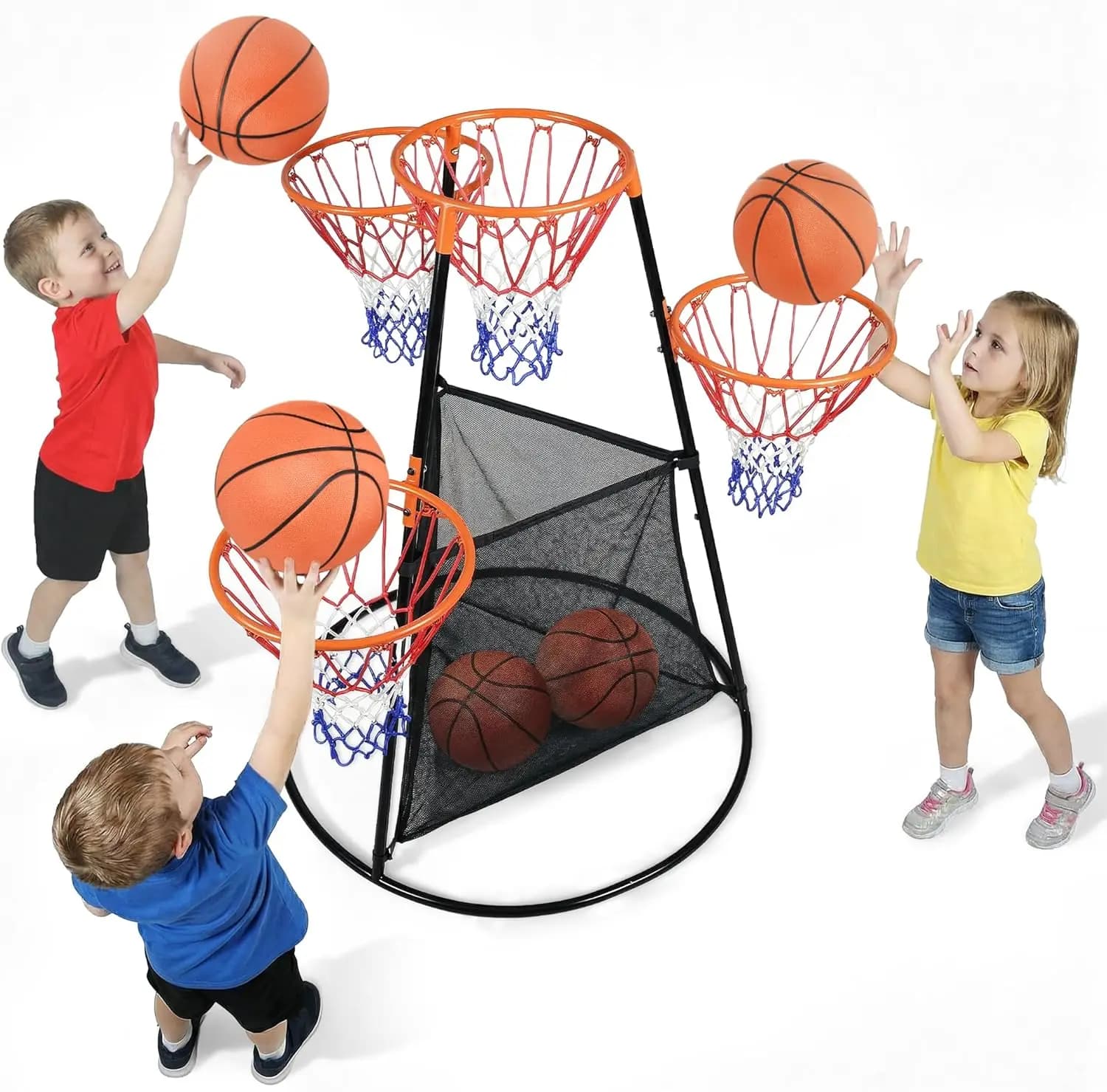 Canestro da basket regolabile per bambini con rete porta palloni, giocattolo per interni ed esterni