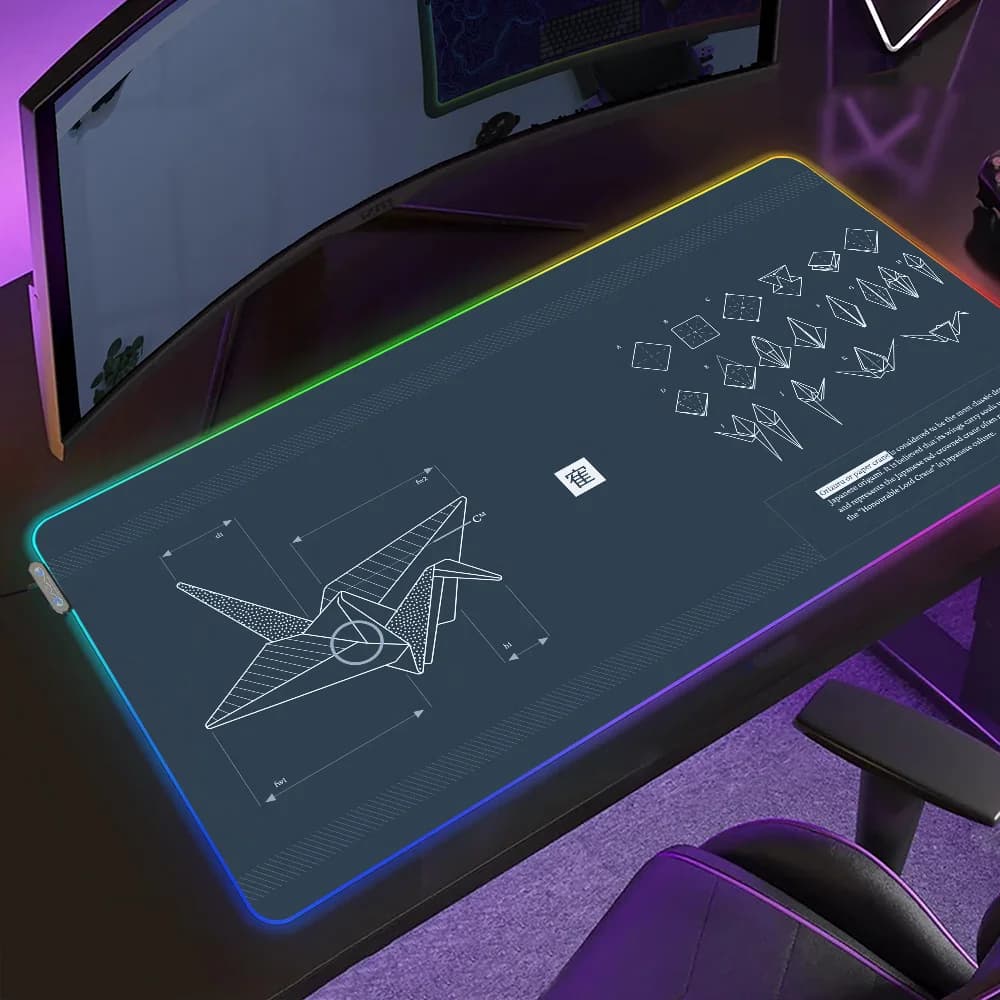 Tappetino per Mouse Gaming con Gru di Carta in Bianco e Nero, Retroilluminato LED RGB, Micro USB, in Gomma, XXL