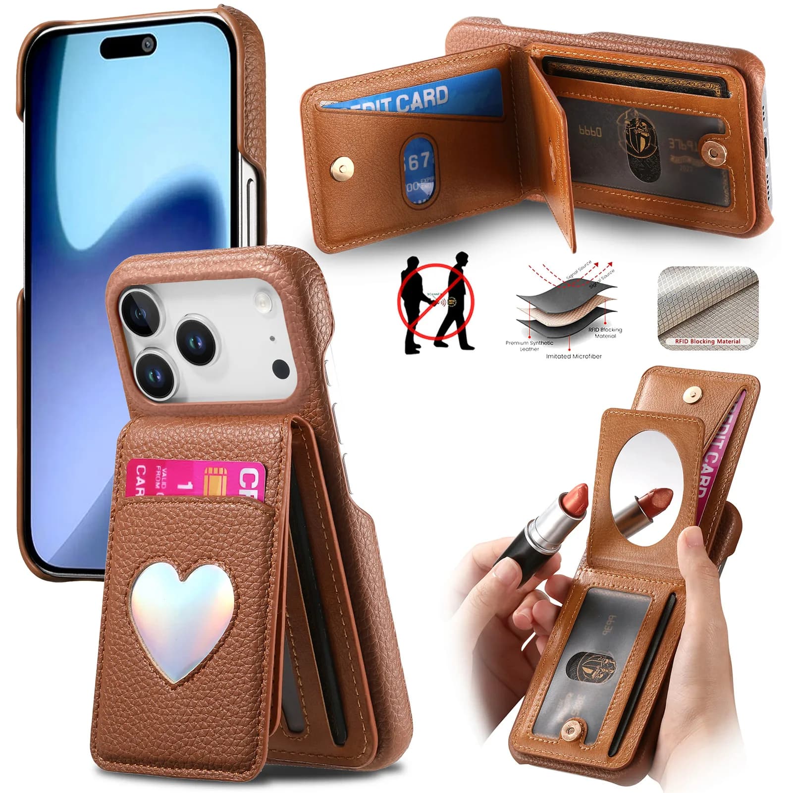 Custodia in pelle a portafoglio con specchio a forma di cuore con motivo Lichee per iPhone 17 Pro Max 16 Plus 15 Plus 14 13 12 11 Custodia per trucco RFID