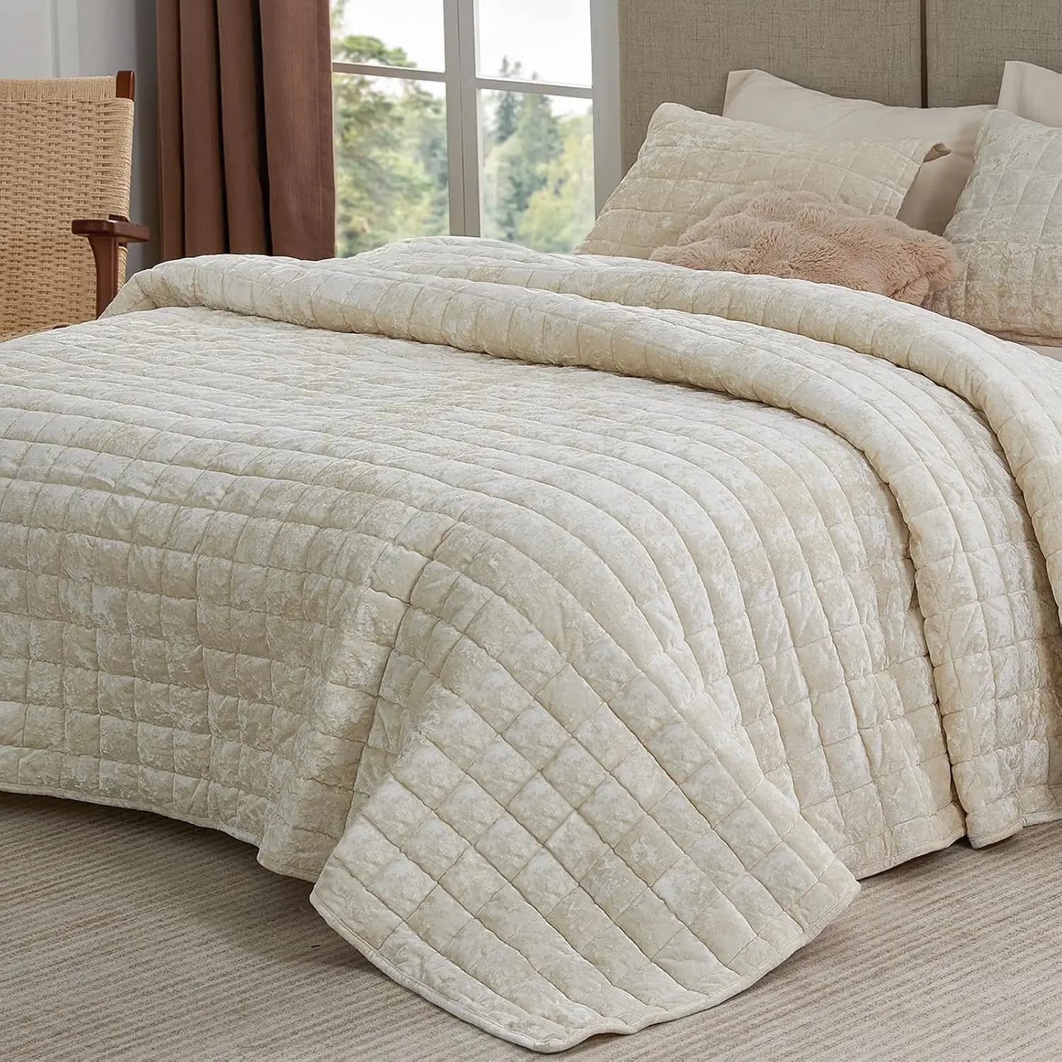 Set trapunta di lusso in velluto king size: biancheria da letto morbida e accogliente in bianco crema con federe