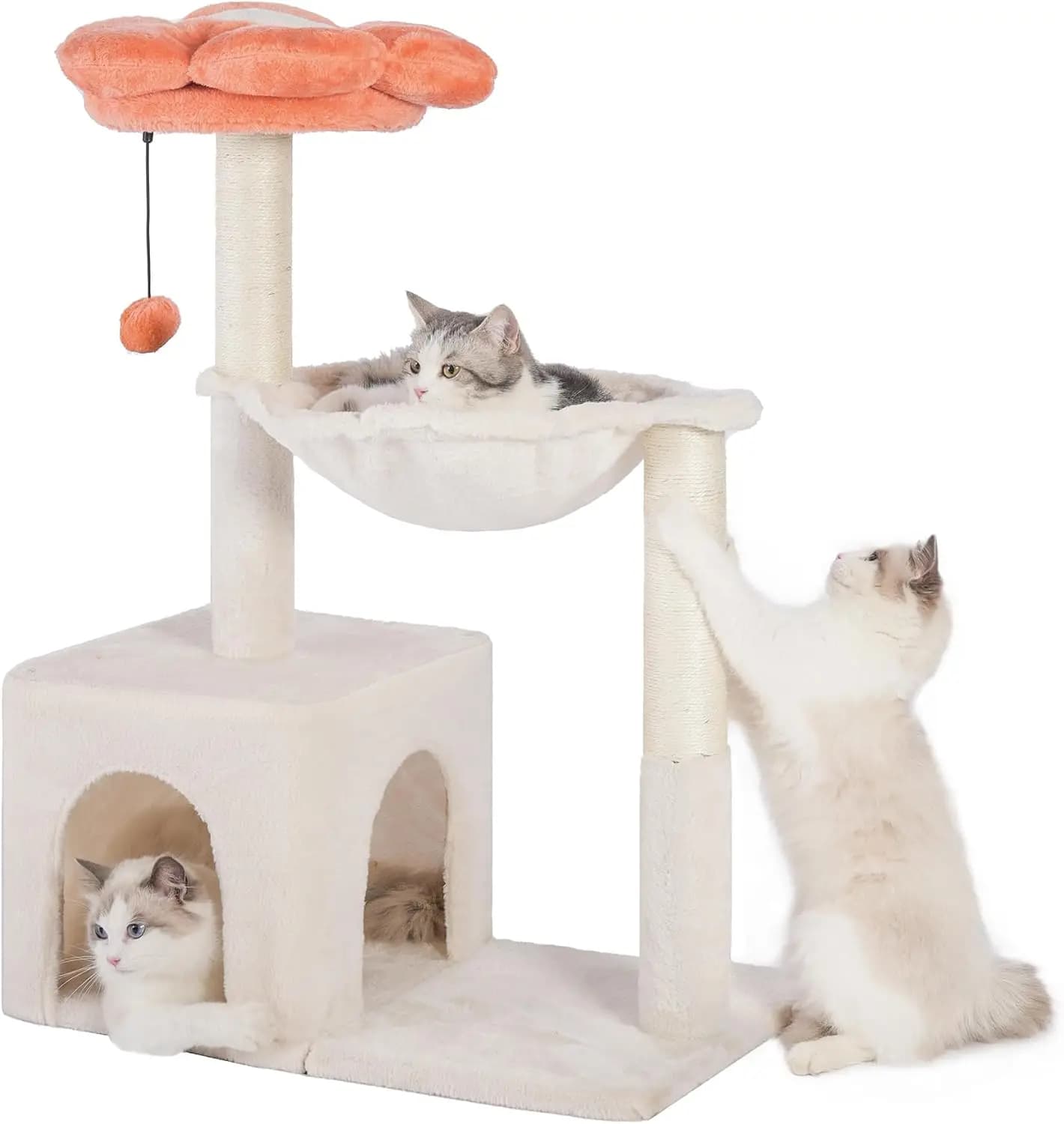 Albero per Gatti Floreale da 34 Pollici con Amaca, Tiragraffi e Cuccia per Gatti da Interno - Beige
