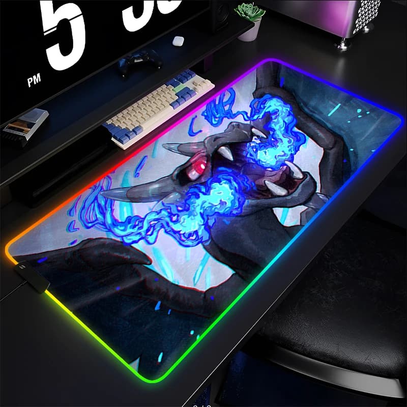Tappetino per mouse in gomma retroilluminato P-Pokemon Charizard Gamer Desk Mat Computer Anime RGB Mousepad Accessori per tastiera da gioco Mausepad