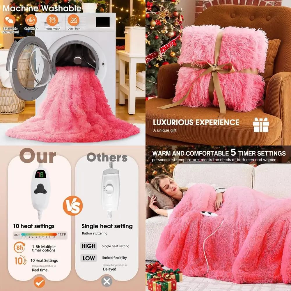 Coperta Elettrica in Finta Pelliccia Sherpa, 10 Livelli di Calore e 5 Impostazioni di Tempo, Regalo Invernale Ideale per Donne e Anziani, 50x60, Rosa Baby