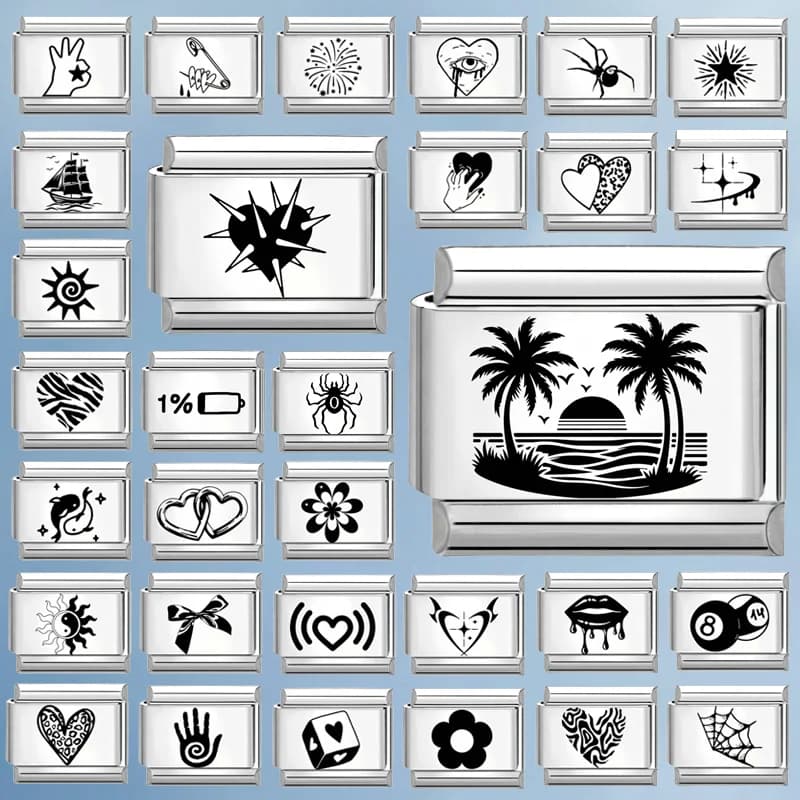 Laser Engraving Sunset Coconut Tree Heart Spider Italian Charm Links Fit 9mm Stainless Steel Bracelet Men Women DIY Making Gifts