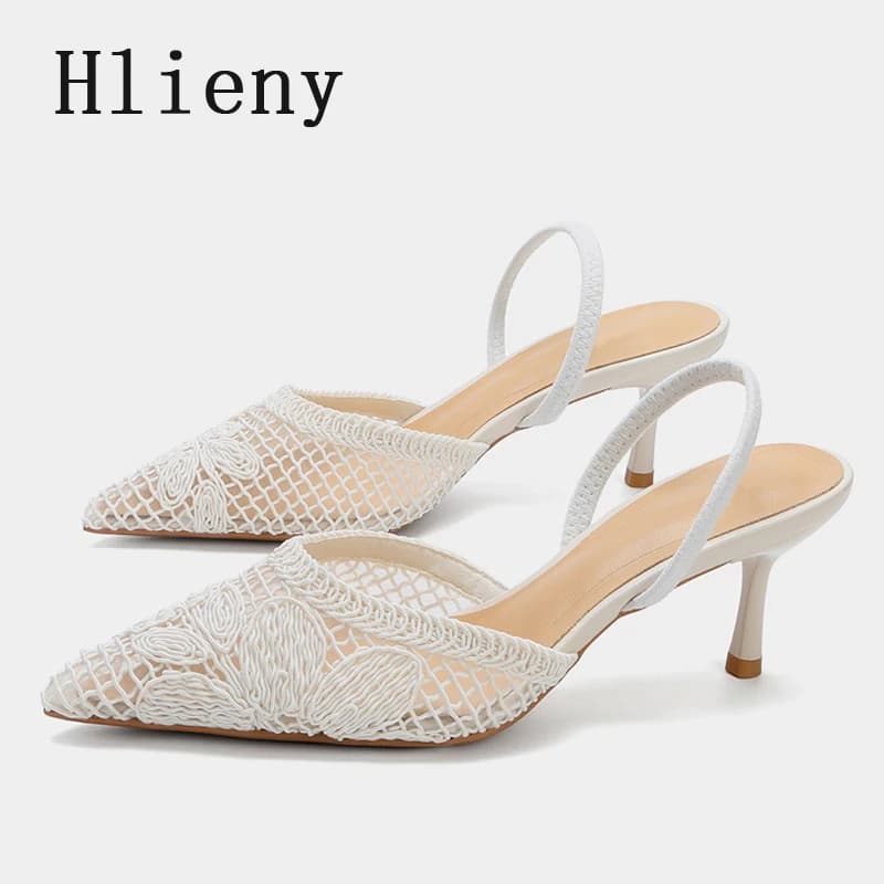 Hlieny Brand Design Embroidery Leaf Mesh Women Pumps Elegant Pointed Toe White High Heels Slingback Sandals Female Shoes Size 40