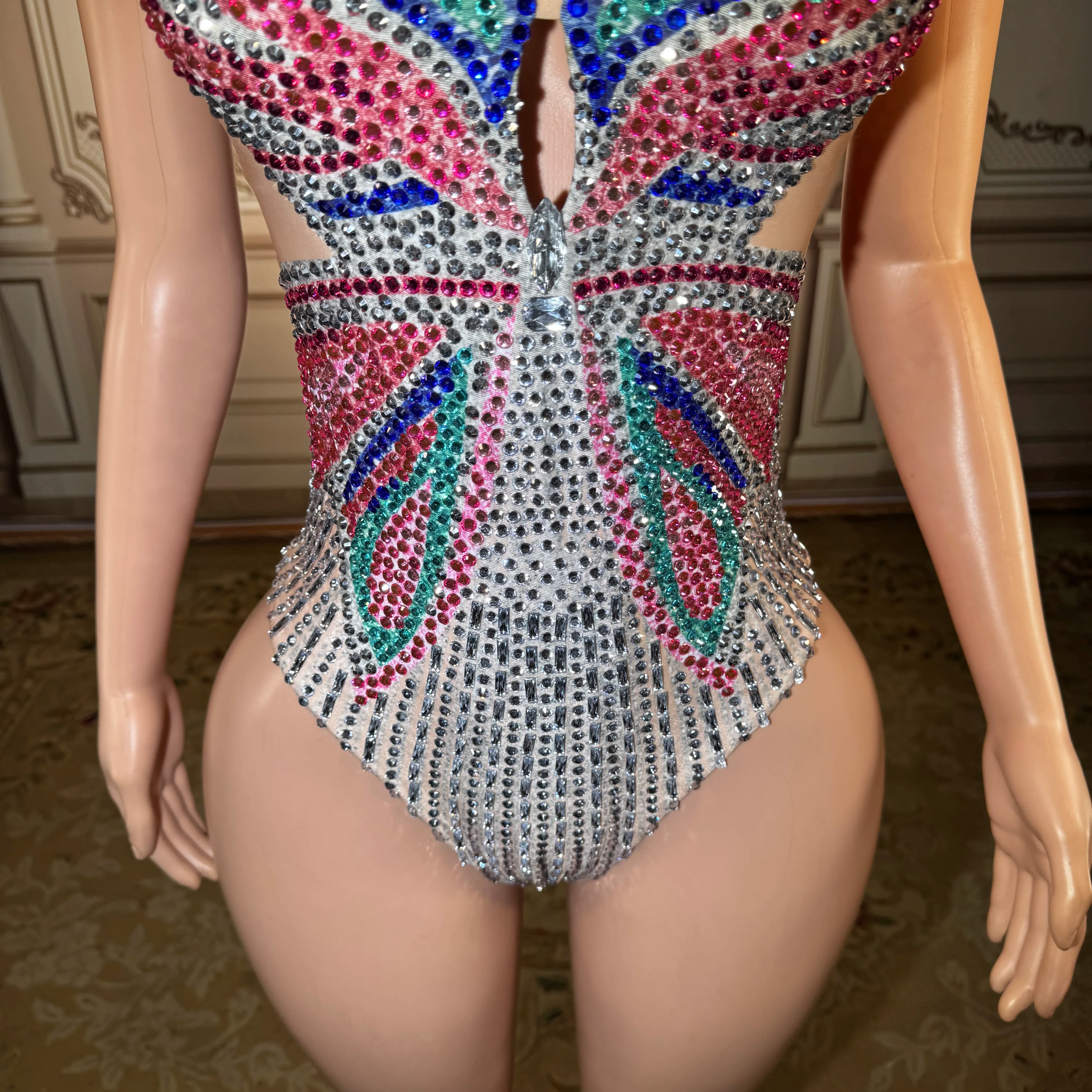 Costume da bagno intero sexy con strass colorati e scollo a V profondo, bikini estivo da spiaggia per vacanze al mare