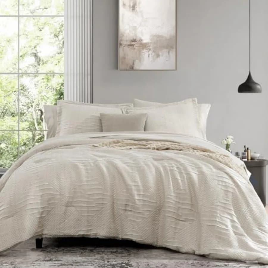 Set Copripiumino con Design Texturizzato Stile Boho, Set Biancheria da Letto 7 Pezzi, Set Completo per Tutte le Stagioni con Copripiumino Geometrico e Lenzuolo