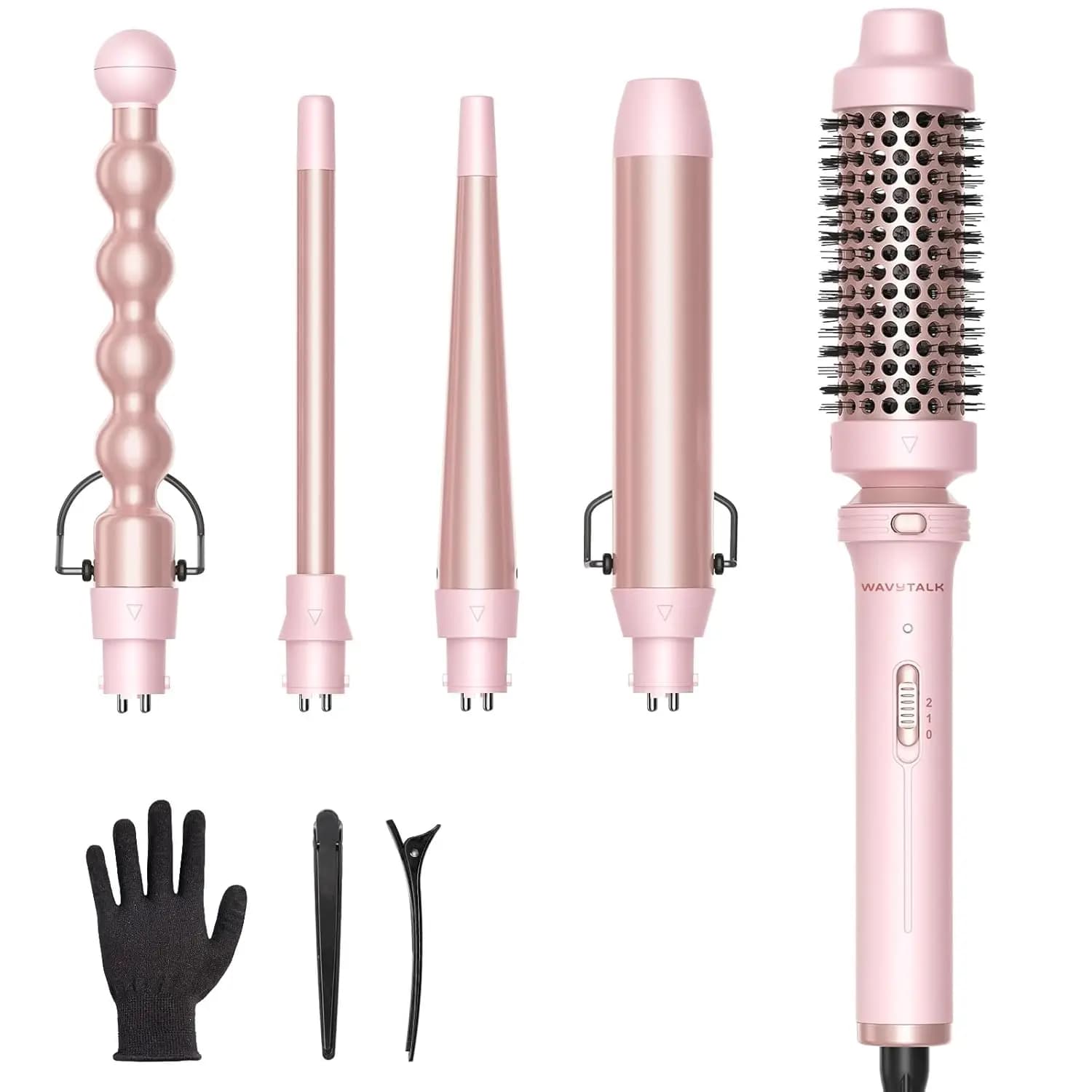 Set of 5 in 1 ceramic curlers with interchangeable cylinders, instant heating, includes glove and clip (pink)