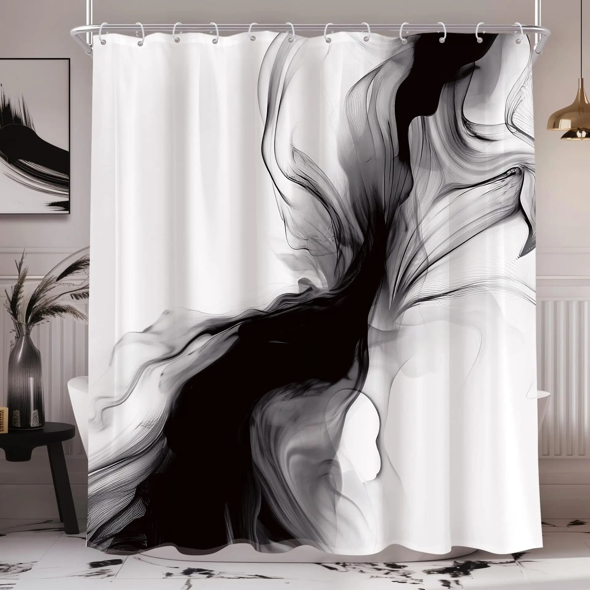 Tenda da doccia in bianco e nero, decorazione astratta per il bagno, tenda da doccia semplice con sfumature, set di tende da doccia con motivi multipli effetto inchiostro