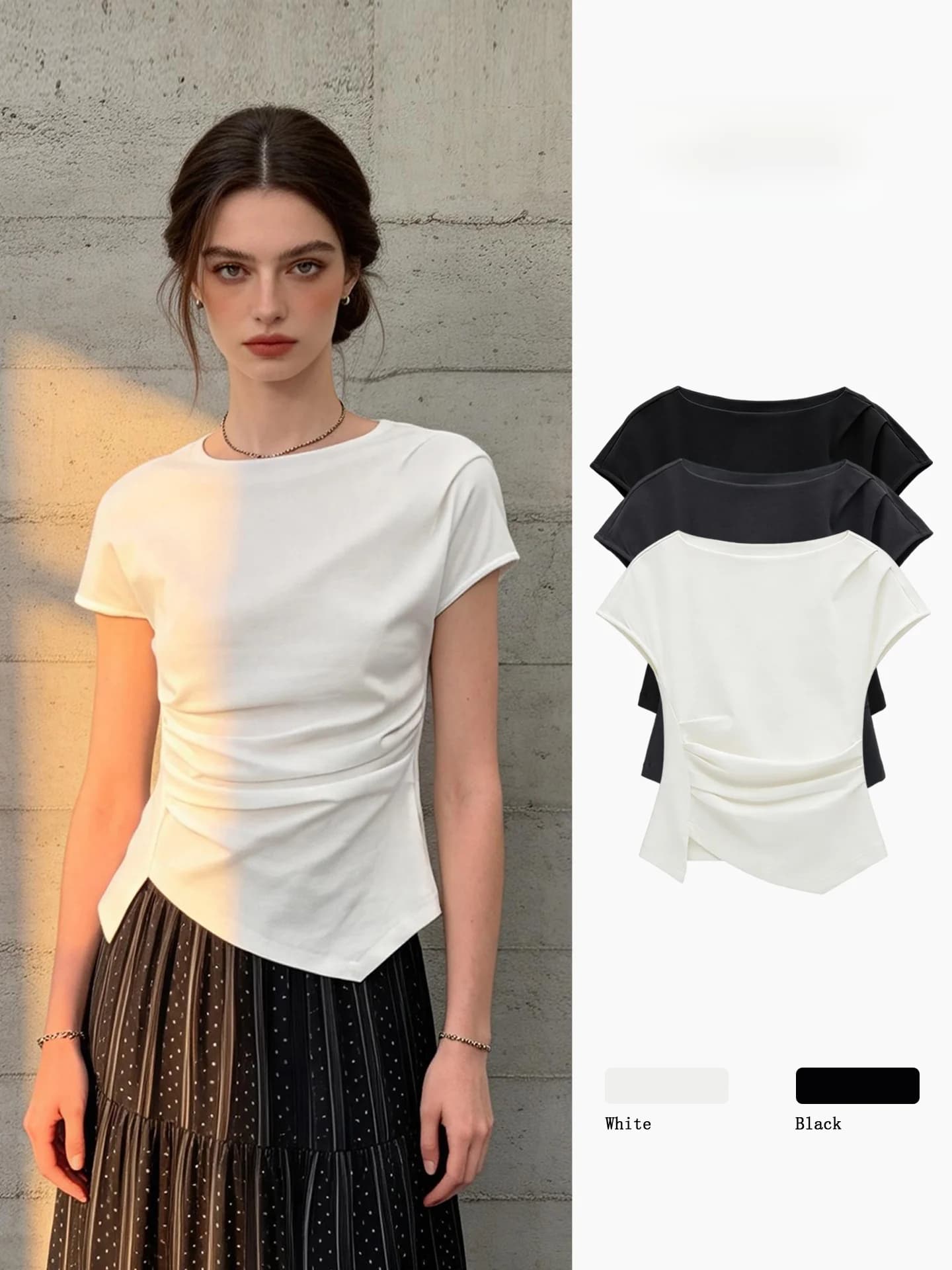 Elegante T-shirt Bianca Plissettata da Donna, Design Estivo con Vita Sottile, Collo Tondo, Manica Corta, Stile Alla Moda per il Lavoro