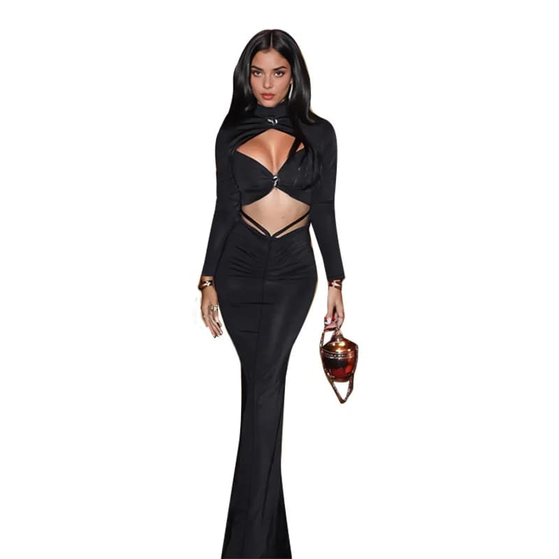 Autumn 2025 New Model, Fashion Temperament, Slim Strap, Hollow Chest Long Sleeve A Pendulum Dress Women Cw65983