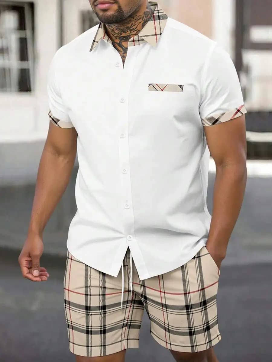 Manfinity Homme Men's Summer Plaid Splicing Short Sleeve Shirt And Shorts Casual 2-Piece Set Men Short Sleeve Dress Shirt,