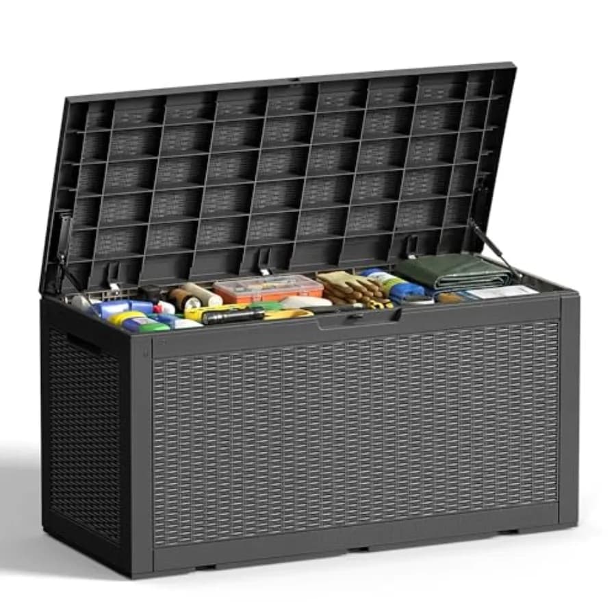 Contenitore da Esterno da 100 Galloni in Stile Rattan Nero, Scatola Portaoggetti in Resina Resistente alle Intemperie per Patio, Giardino, con Coperchio Bloccabile Idraulico