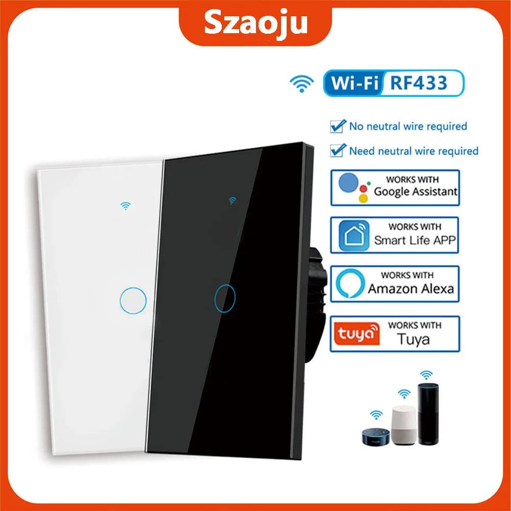 Tuya US WiFi Smart Wall Switch RF433 1/2/3 Gang No Neutral Wire Touch Sensor LED Light Switches Smart Home Alexa Google Home
