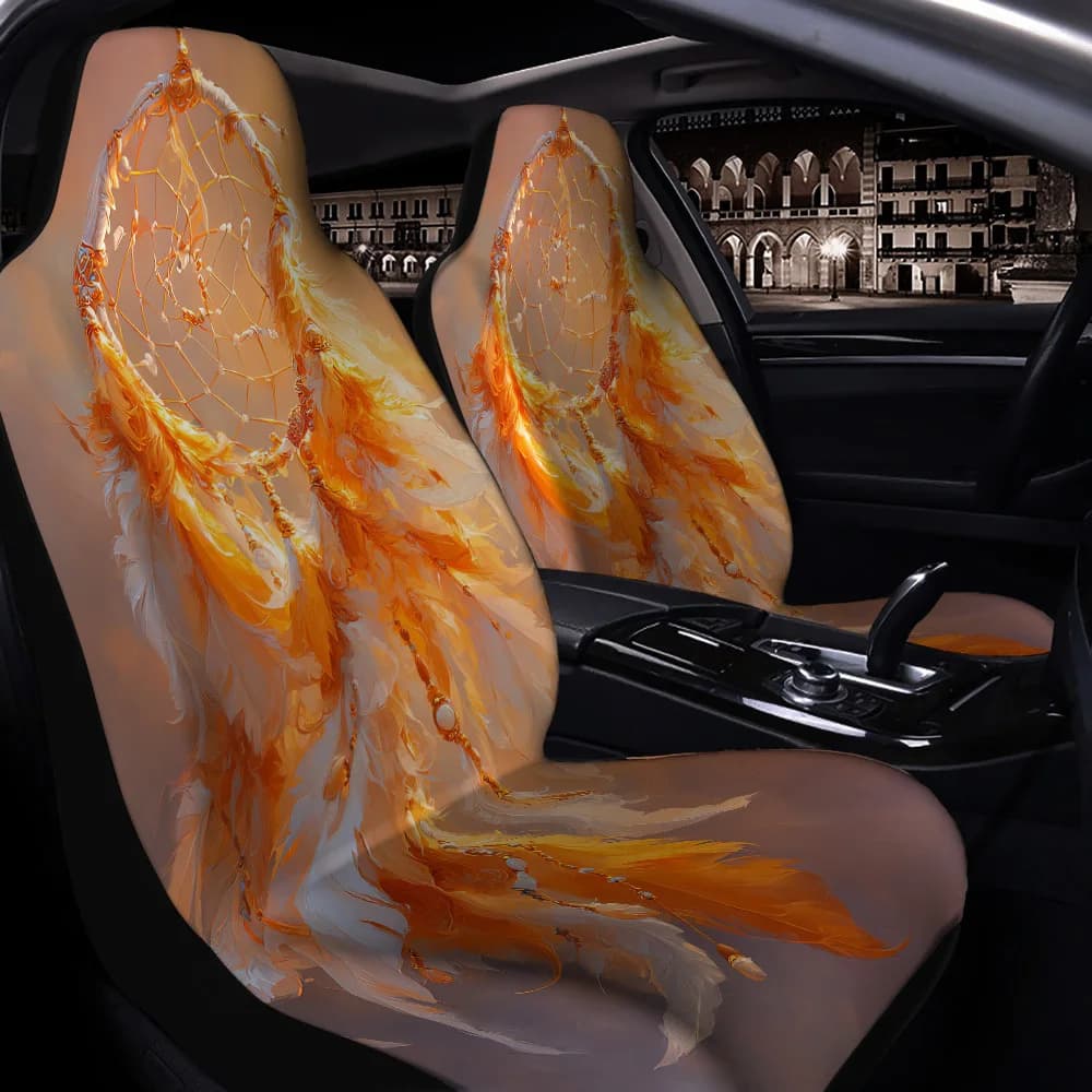 2pcs Orange And White Feather Dreamcatcher Print Car Seat Covers, Suitable For Sedans, SUVs, MPVs, And Trucks. Durable Front Sea