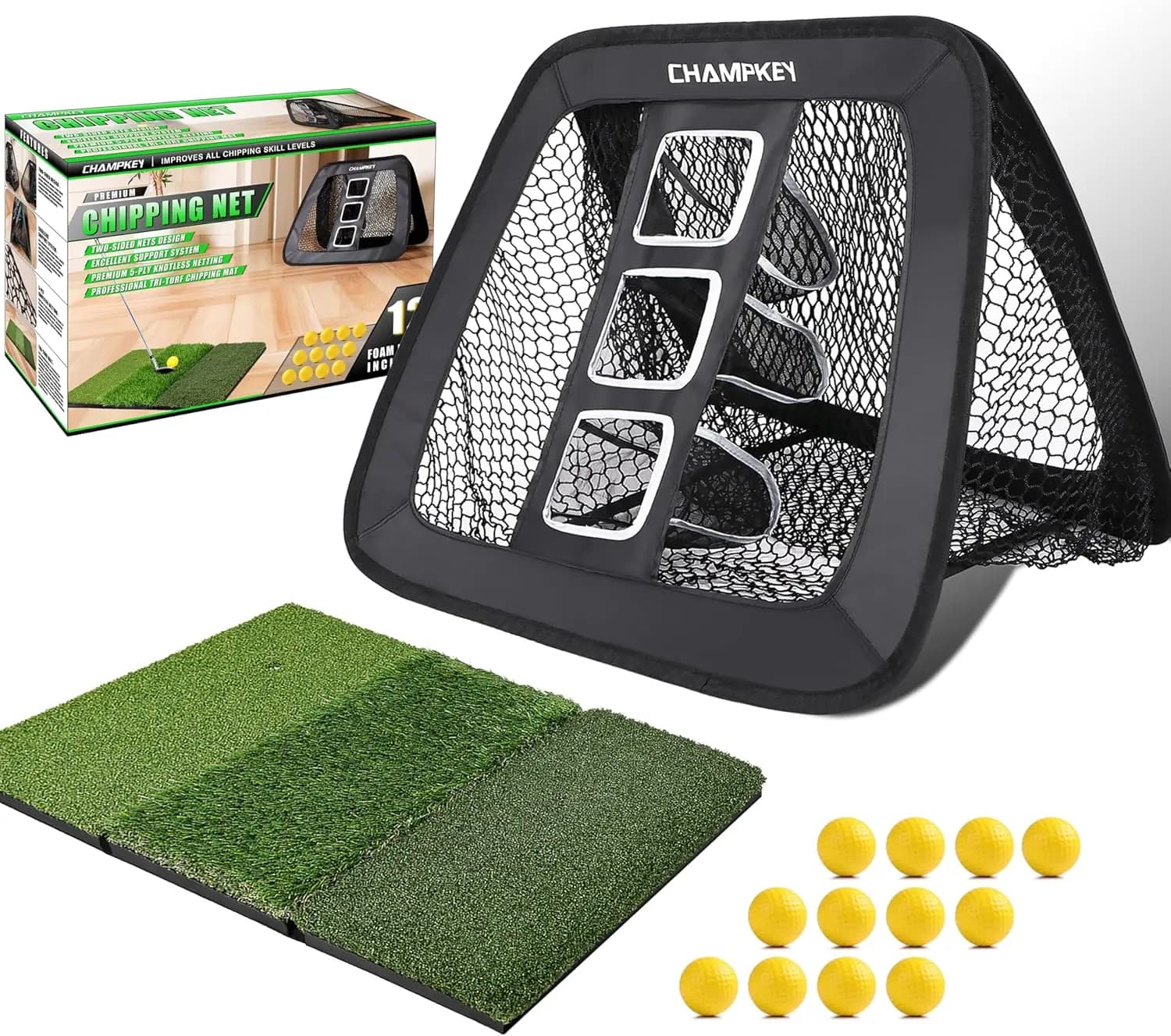 Rete da Golf Bifacciale per Chipping con Tappetino Tri-Turf e 12 Palline in Schiuma - Rete a 5 Strati Senza Nodi per Allenamento Indoor/Outdoor